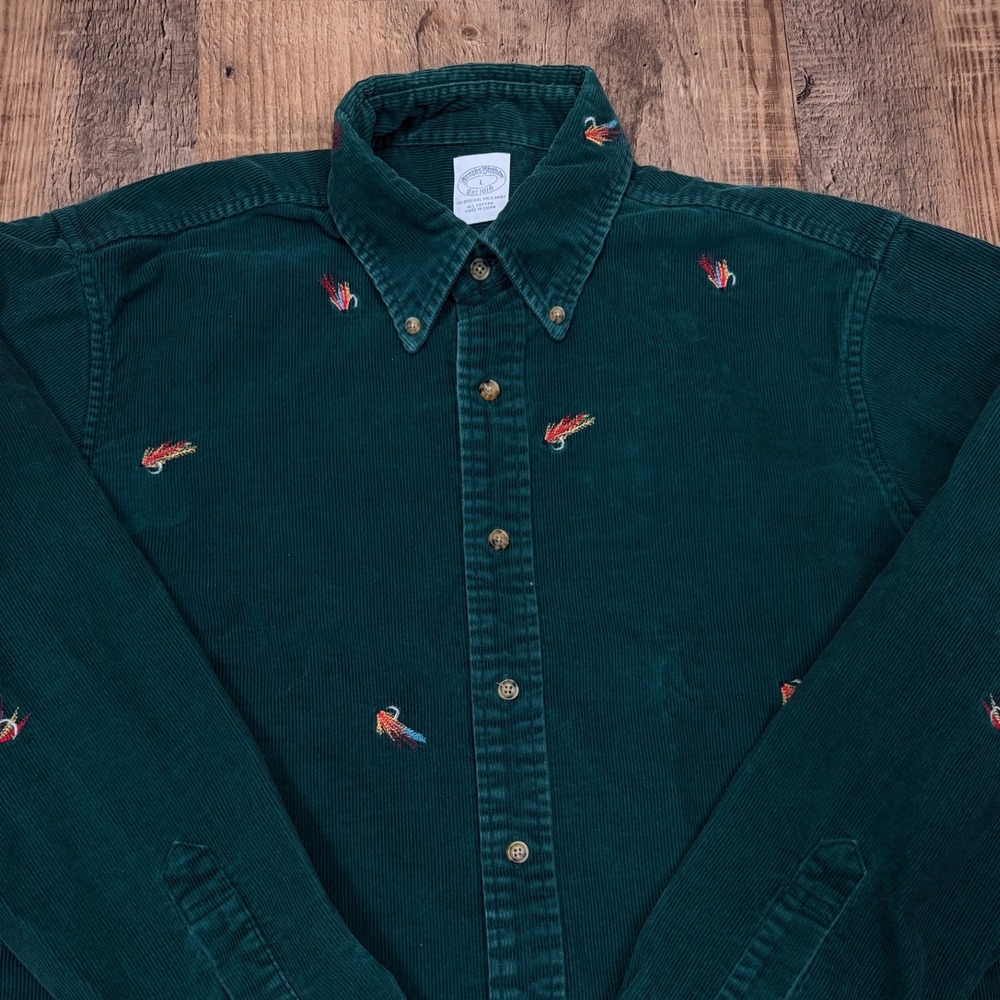 Brooks Brothers Corduroy Shirt Mens L Green Fly Fishing Lure Embroidered Cotton